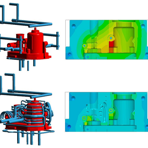 Figure 1 – With SIGMASOFT® Virtual Molding it is possible to compare the temperature distribution in the mold cavity for different cooling configurations. (c) SIGMA Engineering GmbH